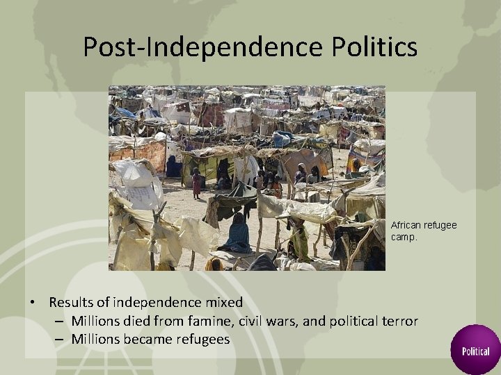 Post-Independence Politics African refugee camp. • Results of independence mixed – Millions died from