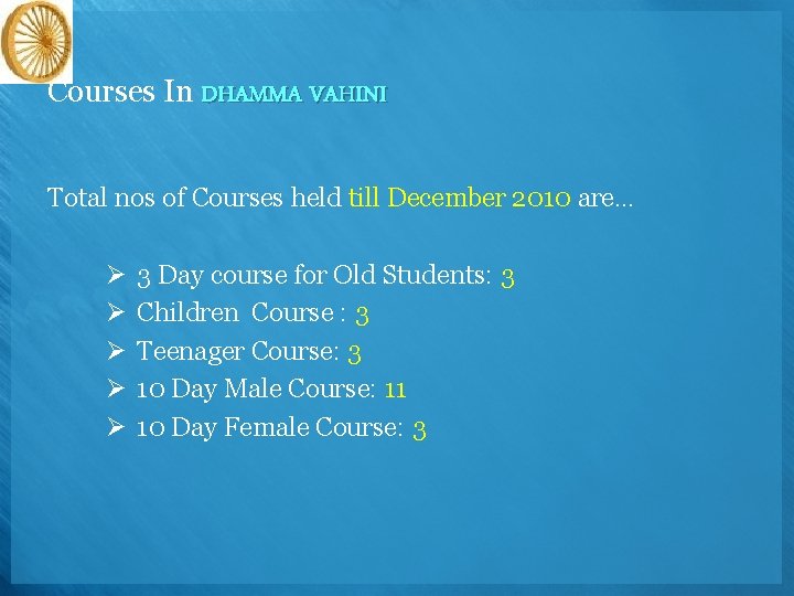 Courses In DHAMMA VAHINI Total nos of Courses held till December 2010 are… Ø