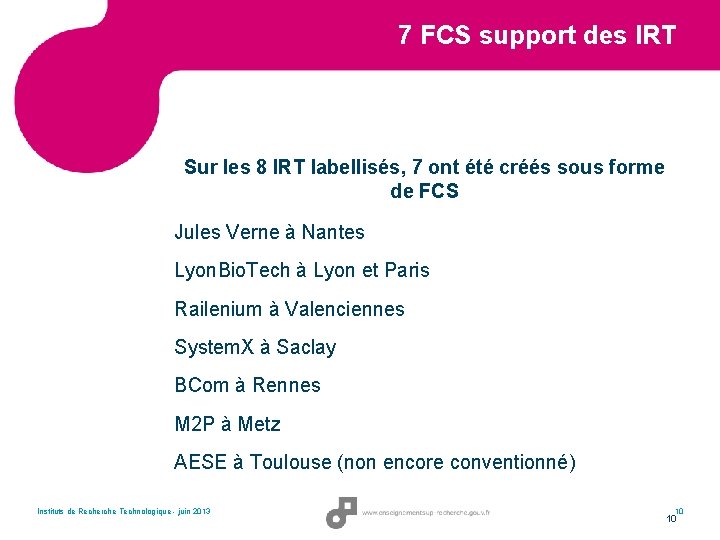 7 FCS support des IRT Sur les 8 IRT labellisés, 7 ont été créés