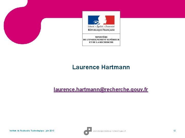  Laurence Hartmann laurence. hartmann@recherche. gouv. fr Instituts de Recherche Technologique - juin 2013