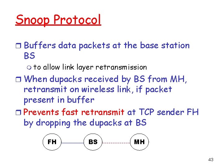 Snoop Protocol r Buffers data packets at the base station BS m to allow