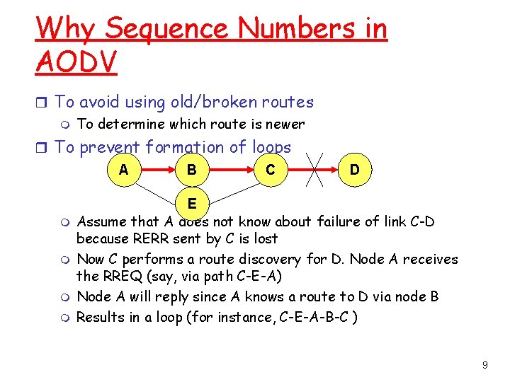 Why Sequence Numbers in AODV r To avoid using old/broken routes m To determine