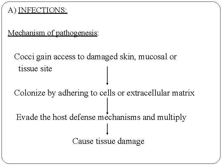 A) INFECTIONS: Mechanism of pathogenesis: Cocci gain access to damaged skin, mucosal or tissue