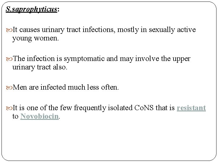 S. saprophyticus: It causes urinary tract infections, mostly in sexually active young women. The