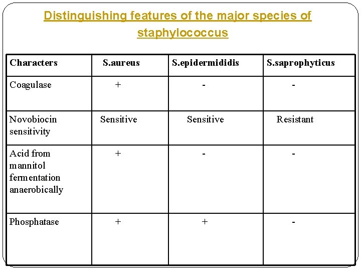 Distinguishing features of the major species of staphylococcus Characters S. aureus S. epidermididis S.