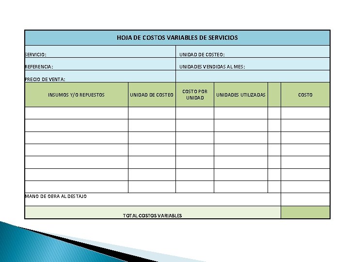 HOJA DE COSTOS VARIABLES DE SERVICIOS SERVICIO: UNIDAD DE COSTEO: REFERENCIA: UNIDADES VENDIDAS AL