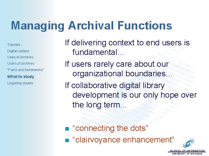 Managing Archival Functions Themes Digital context Uses of archives Users of archives “Facts and