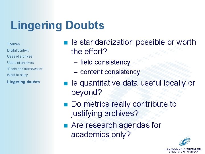 Lingering Doubts Themes n Digital context Uses of archives – field consistency – content