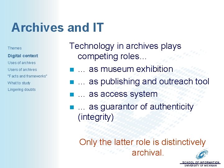 Archives and IT Themes Digital context Uses of archives Users of archives “Facts and