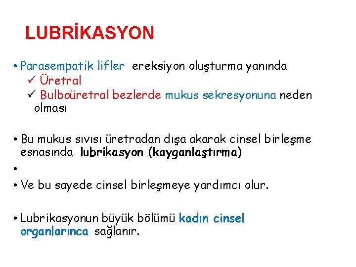 LUBRİKASYON • Parasempatik lifler ereksiyon oluşturma yanında ü Üretral ü Bulboüretral bezlerde mukus sekresyonuna