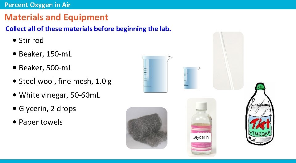 Percent Oxygen in Air Materials and Equipment Collect all of these materials before beginning