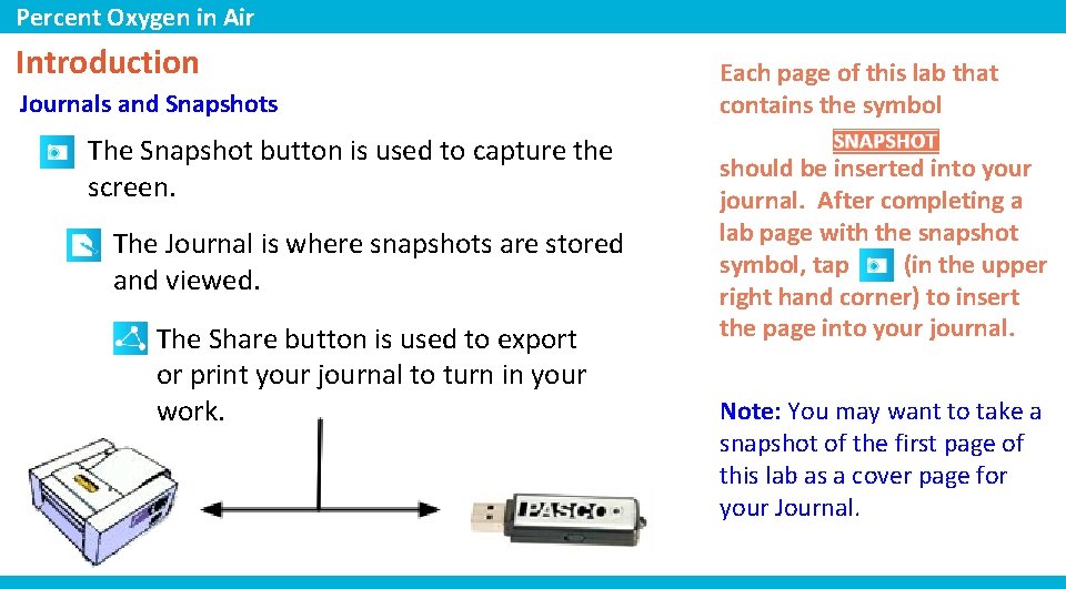 Percent Oxygen in Air Introduction Journals and Snapshots The Snapshot button is used to