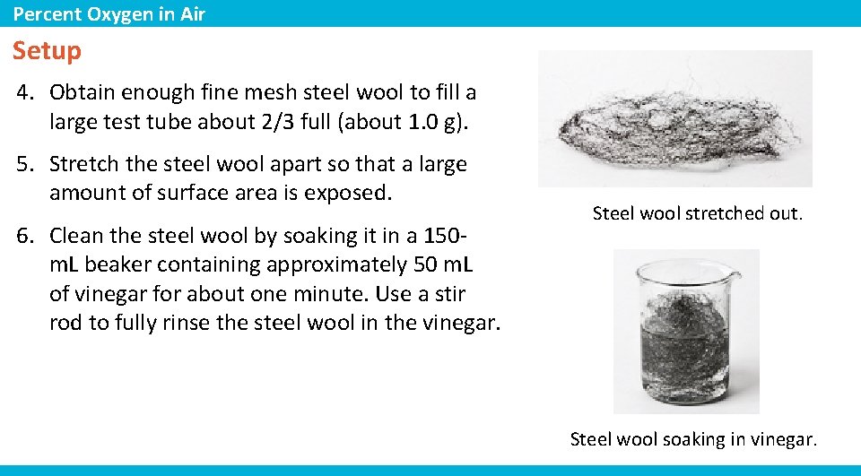 Percent Oxygen in Air Setup 4. Obtain enough fine mesh steel wool to fill