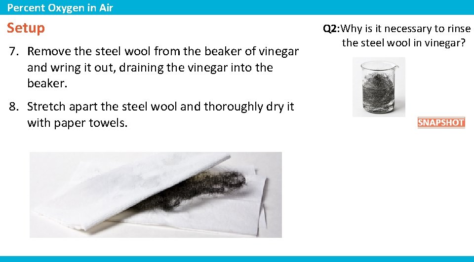 Percent Oxygen in Air Setup 7. Remove the steel wool from the beaker of