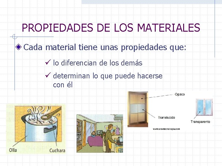 PROPIEDADES DE LOS MATERIALES Cada material tiene unas propiedades que: ü lo diferencian de