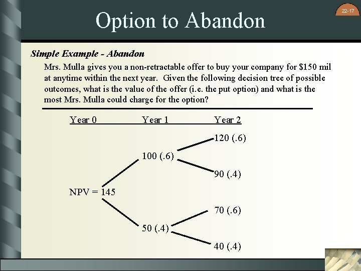 Option to Abandon Simple Example - Abandon Mrs. Mulla gives you a non-retractable offer