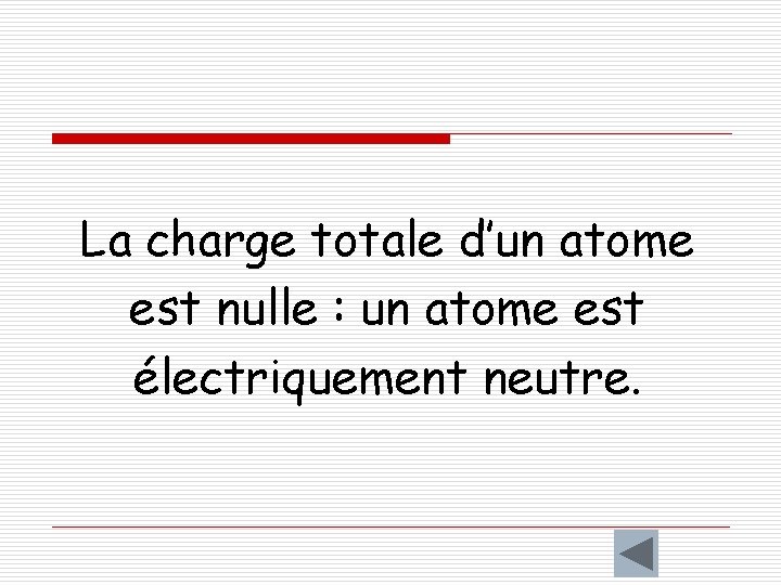 La charge totale d’un atome est nulle : un atome est électriquement neutre. 