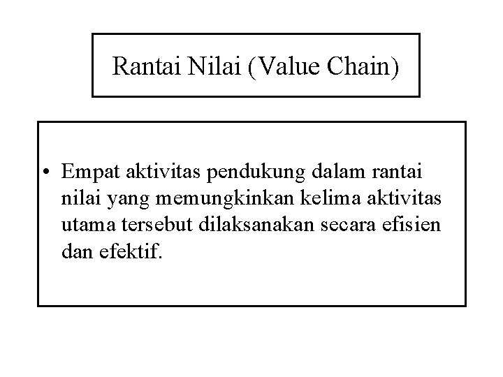 Rantai Nilai (Value Chain) • Empat aktivitas pendukung dalam rantai nilai yang memungkinkan kelima