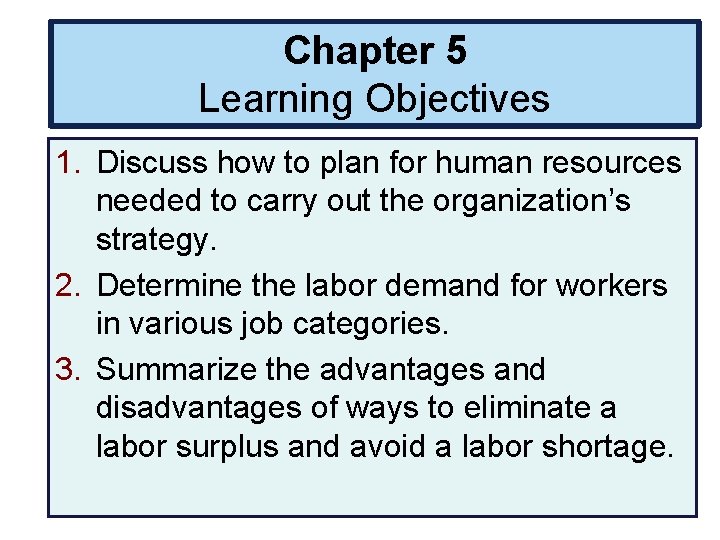 Chapter 5 Learning Objectives 1. Discuss how to plan for human resources needed to