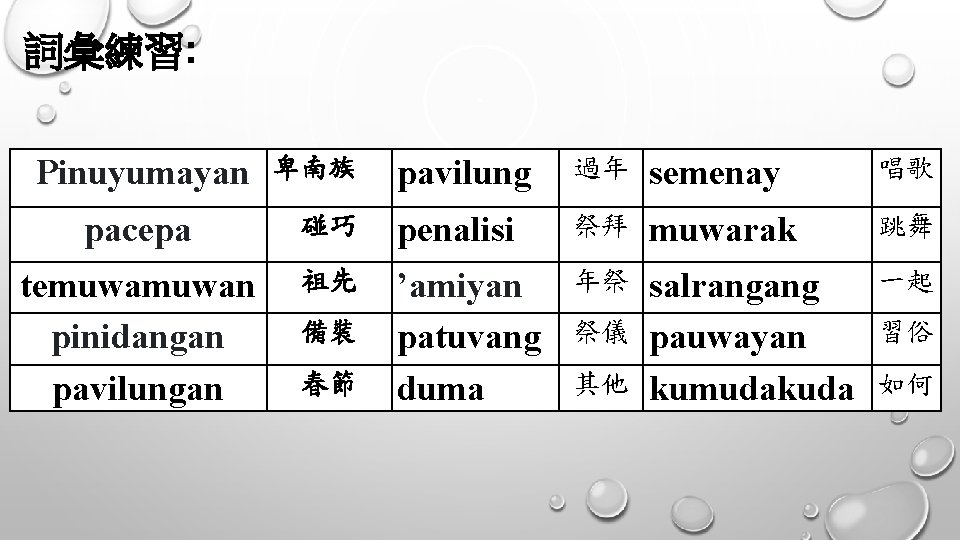 詞彙練習: Pinuyumayan 卑南族 pavilung 過年 semenay 唱歌 pacepa 碰巧 penalisi 祭拜 muwarak 跳舞 temuwan