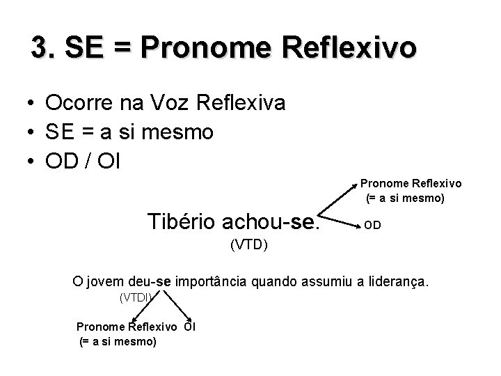 3. SE = Pronome Reflexivo • Ocorre na Voz Reflexiva • SE = a