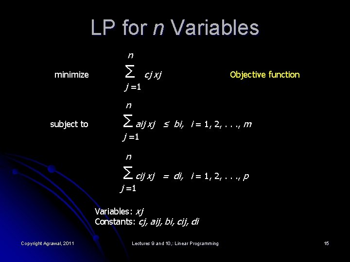 LP for n Variables n minimize Σ cj xj Objective function j =1 n