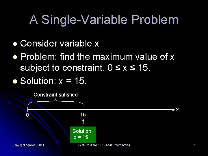 A Single-Variable Problem Consider variable x l Problem: find the maximum value of x