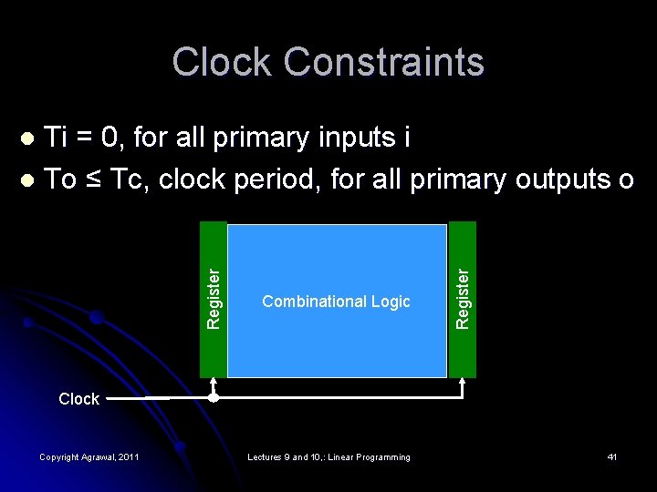 Clock Constraints Ti = 0, for all primary inputs i l To ≤ Tc,