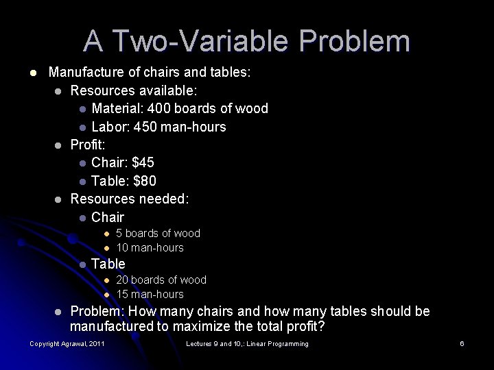 A Two-Variable Problem l Manufacture of chairs and tables: l Resources available: l Material: