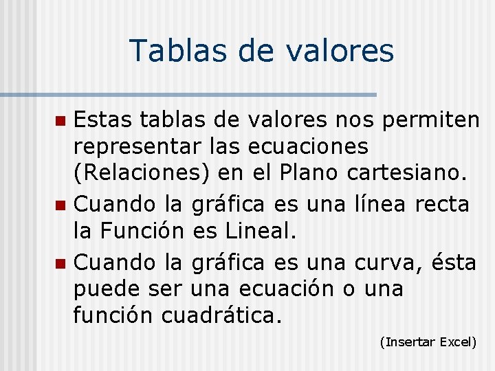 Tablas de valores Estas tablas de valores nos permiten representar las ecuaciones (Relaciones) en