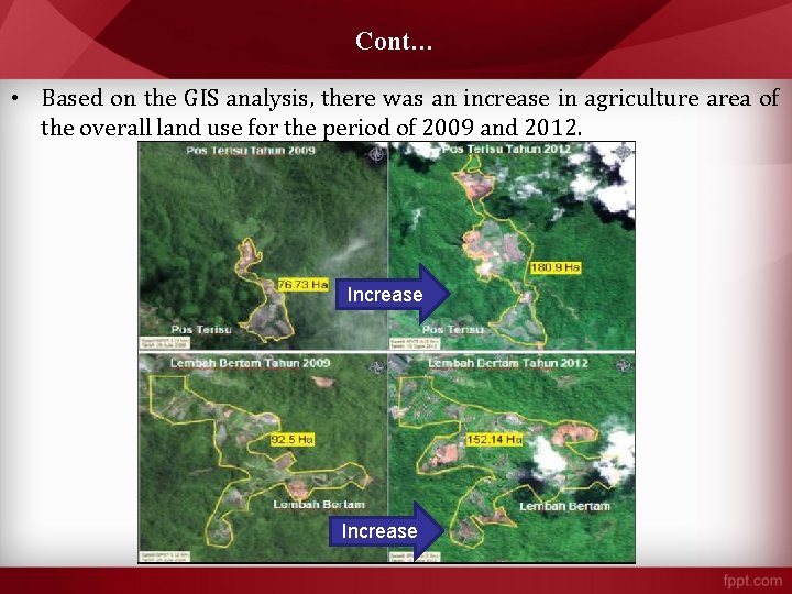 Cont… • Based on the GIS analysis, there was an increase in agriculture area Cont… • Based on the GIS analysis, there was an increase in agriculture area