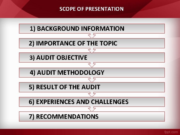 SCOPE OF PRESENTATION 1) BACKGROUND INFORMATION 2) IMPORTANCE OF THE TOPIC 3) AUDIT OBJECTIVE SCOPE OF PRESENTATION 1) BACKGROUND INFORMATION 2) IMPORTANCE OF THE TOPIC 3) AUDIT OBJECTIVE