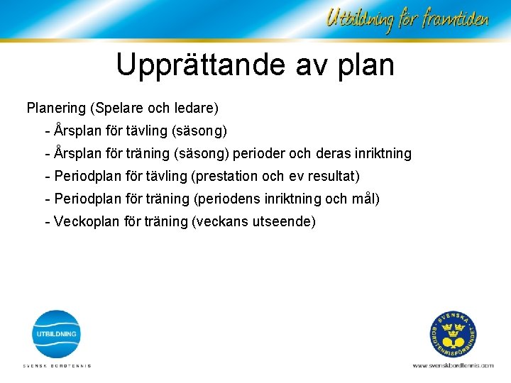 Upprättande av plan Planering (Spelare och ledare) - Årsplan för tävling (säsong) - Årsplan
