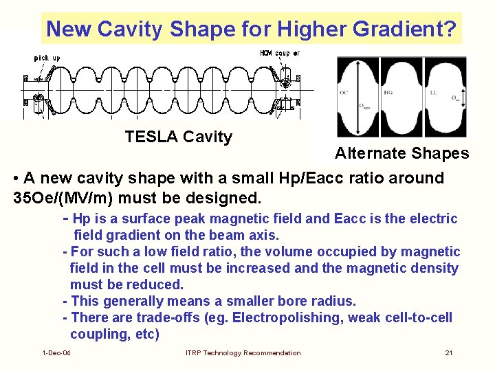 New Cavity Shape for Higher Gradient? TESLA Cavity Alternate Shapes • A new cavity