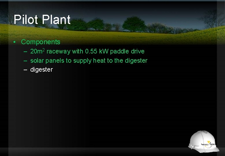 Pilot Plant • Components – 20 m 2 raceway with 0. 55 k. W