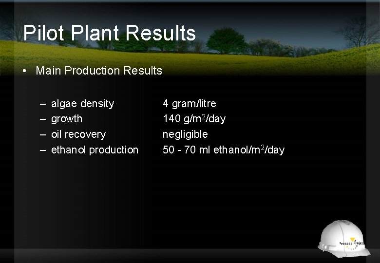 Pilot Plant Results • Main Production Results – – algae density growth oil recovery