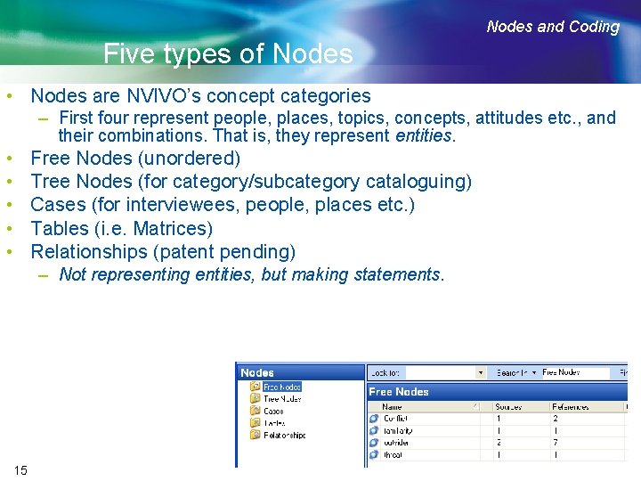 Nodes and Coding Five types of Nodes • Nodes are NVIVO’s concept categories –