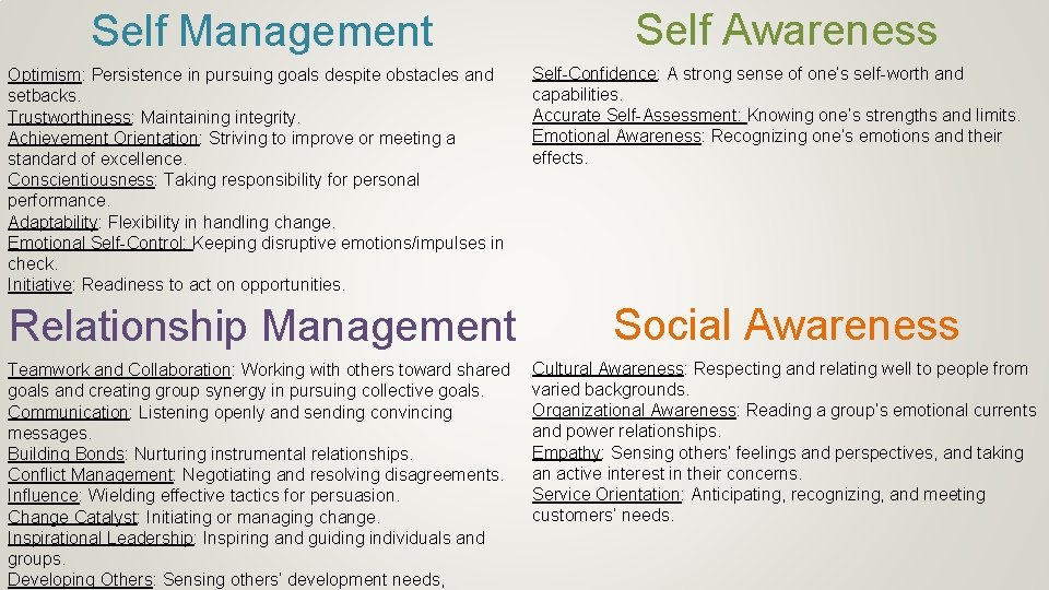 Self Management Optimism: Persistence in pursuing goals despite obstacles and setbacks. Trustworthiness: Maintaining integrity.