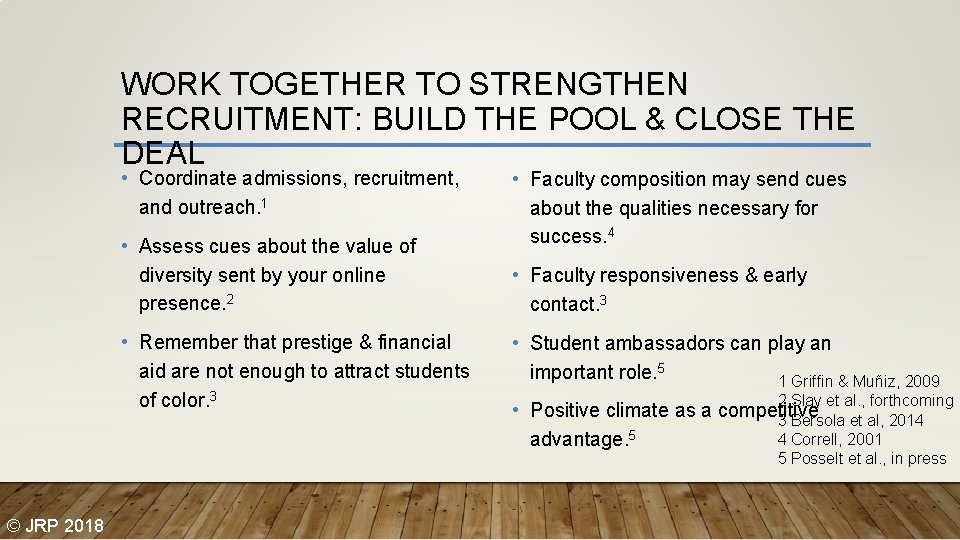 WORK TOGETHER TO STRENGTHEN RECRUITMENT: BUILD THE POOL & CLOSE THE DEAL • Coordinate