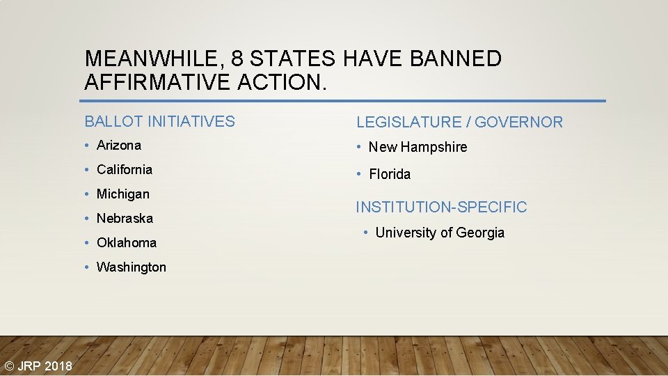 MEANWHILE, 8 STATES HAVE BANNED AFFIRMATIVE ACTION. BALLOT INITIATIVES LEGISLATURE / GOVERNOR • Arizona