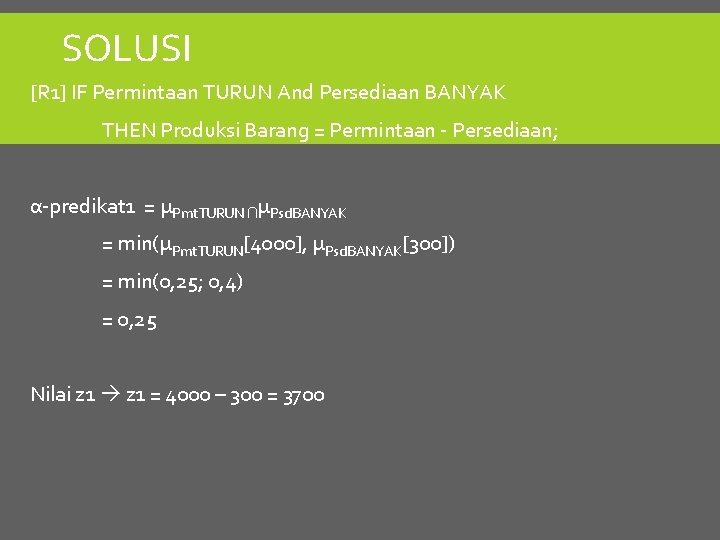 SOLUSI [R 1] IF Permintaan TURUN And Persediaan BANYAK THEN Produksi Barang = Permintaan