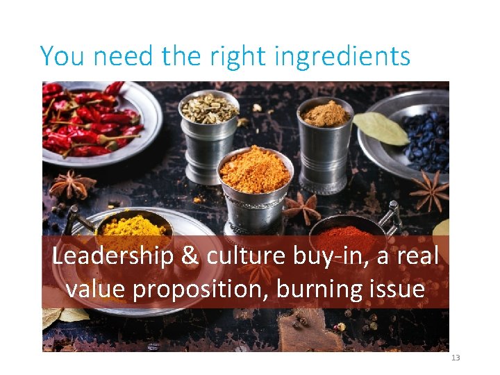 You need the right ingredients Leadership & culture buy-in, a real value proposition, burning