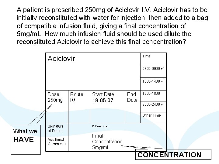 A patient is prescribed 250 mg of Aciclovir I. V. Aciclovir has to be