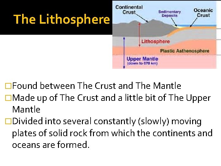 The Lithosphere �Found between The Crust and The Mantle �Made up of The Crust