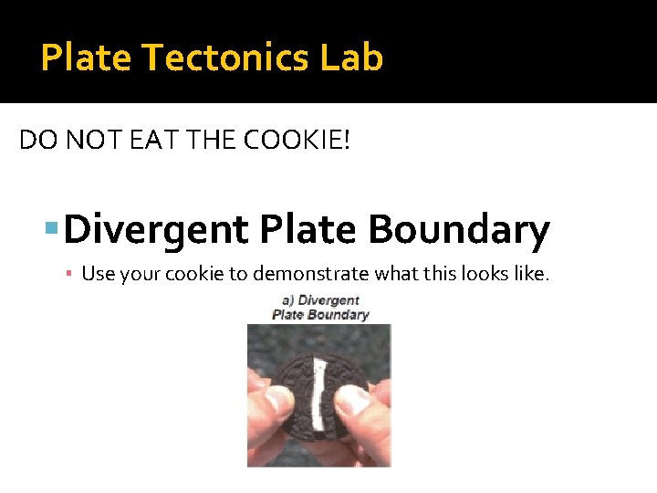 Plate Tectonics Lab DO NOT EAT THE COOKIE! Divergent Plate Boundary ▪ Use your