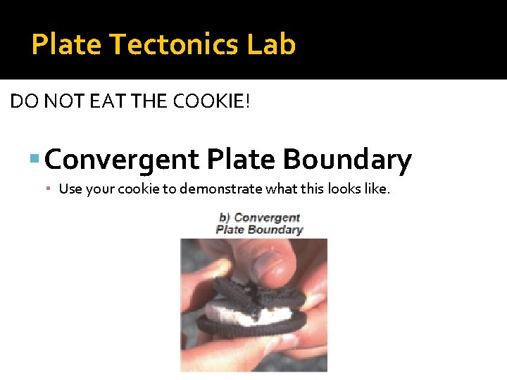 Plate Tectonics Lab DO NOT EAT THE COOKIE! Convergent Plate Boundary ▪ Use your