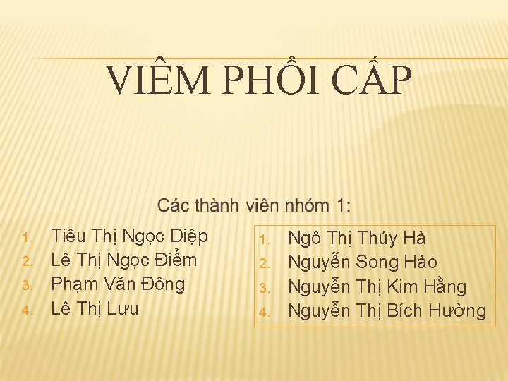 VIÊM PHỔI CẤP 1. 2. 3. 4. Tiêu Thị Ngọc Diệp Lê Thị Ngọc