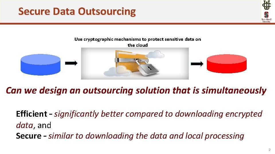 Secure Data Outsourcing Use cryptographic mechanisms to protect sensitive data on the cloud Can