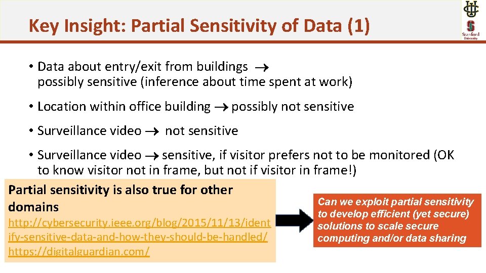 Key Insight: Partial Sensitivity of Data (1) • Data about entry/exit from buildings possibly