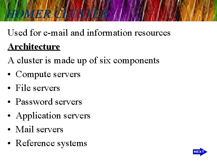 HOMER CLUSTER Used for e-mail and information resources Architecture A cluster is made up